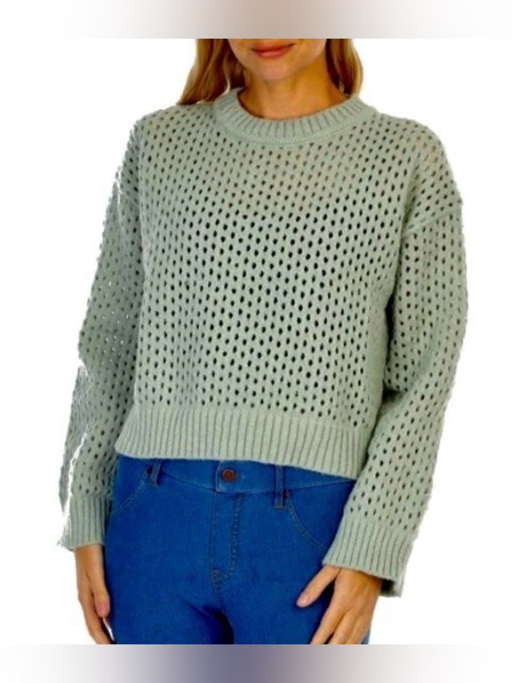 Poof Cuddly Classic Open-Knit Crewneck Cropped Sweater - Sage Green #1825